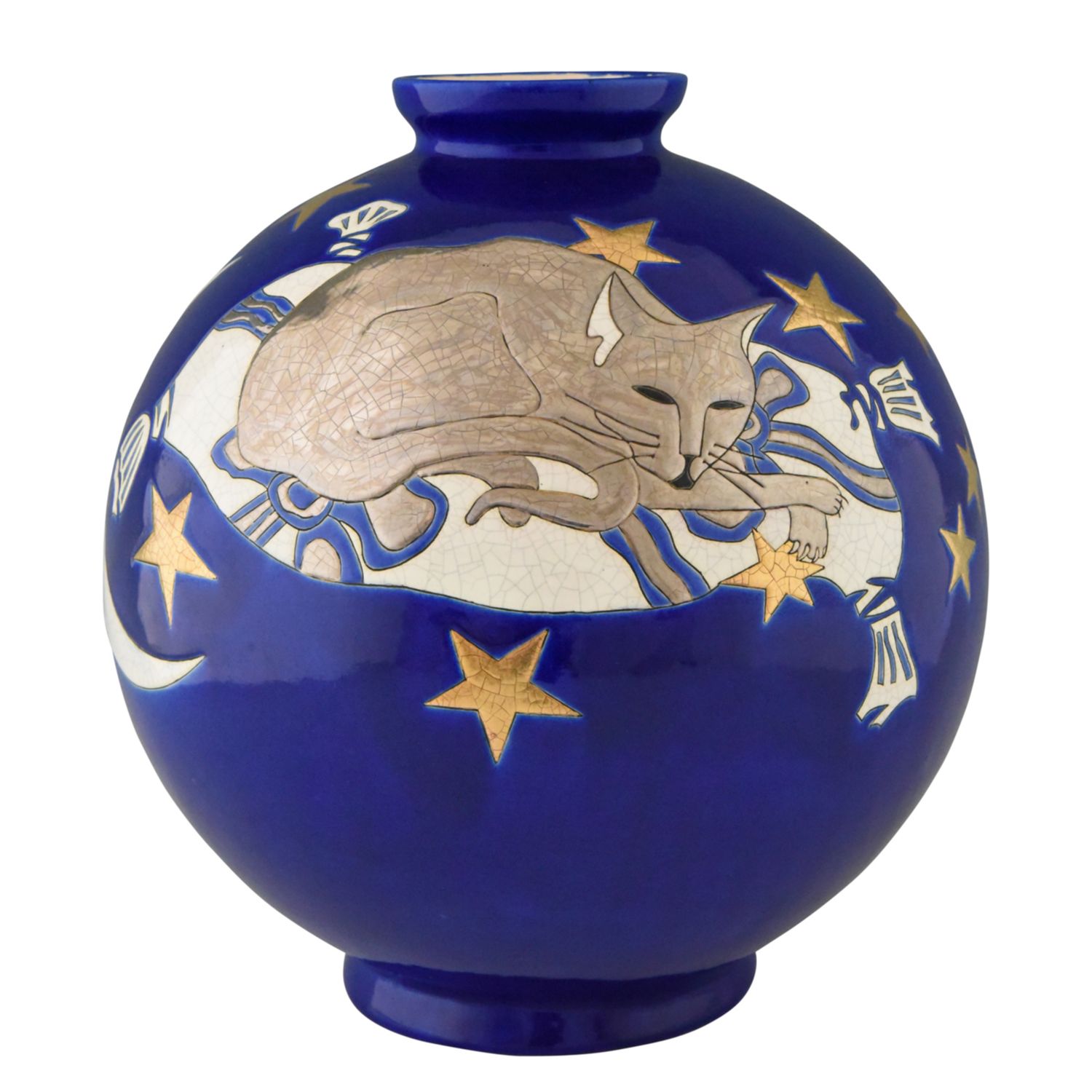 Large Blue Boule Vase With Cat Moon And Stars Danillo Curetti For