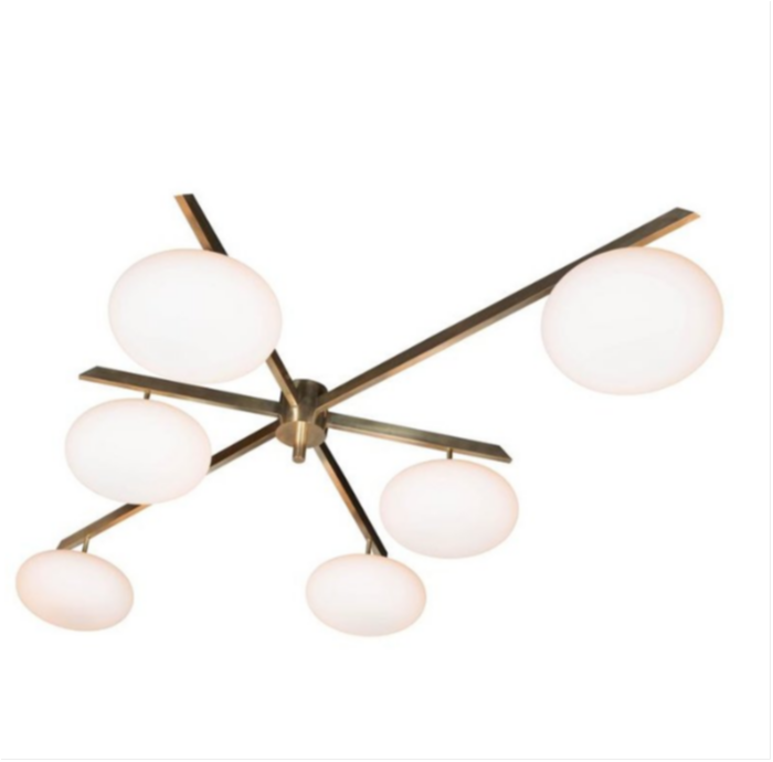 Modernist Brass Frosted Glass Six Arm, Globe Chandelier Brass And Smoked Glass