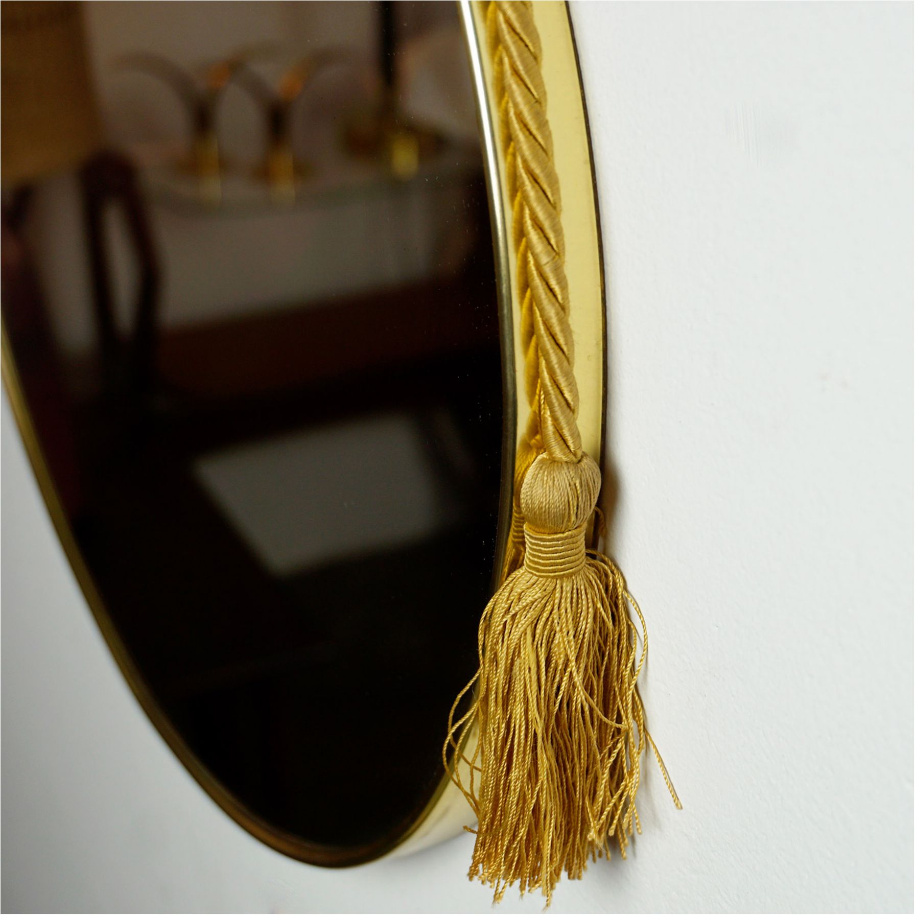 Circular Italian Midcentury Brass Wall Mirror With Satin Rope