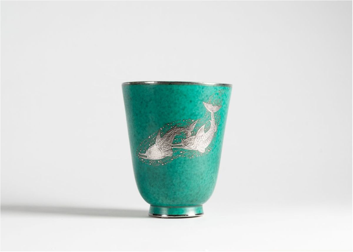 Grün glasierte Vase Argenta aus Keramik und Silber von Wilhelm Kage für Gustav