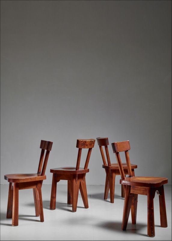 Renee Faublee Set of Four Pine Campagne Style Dining Chairs, France, 1950s