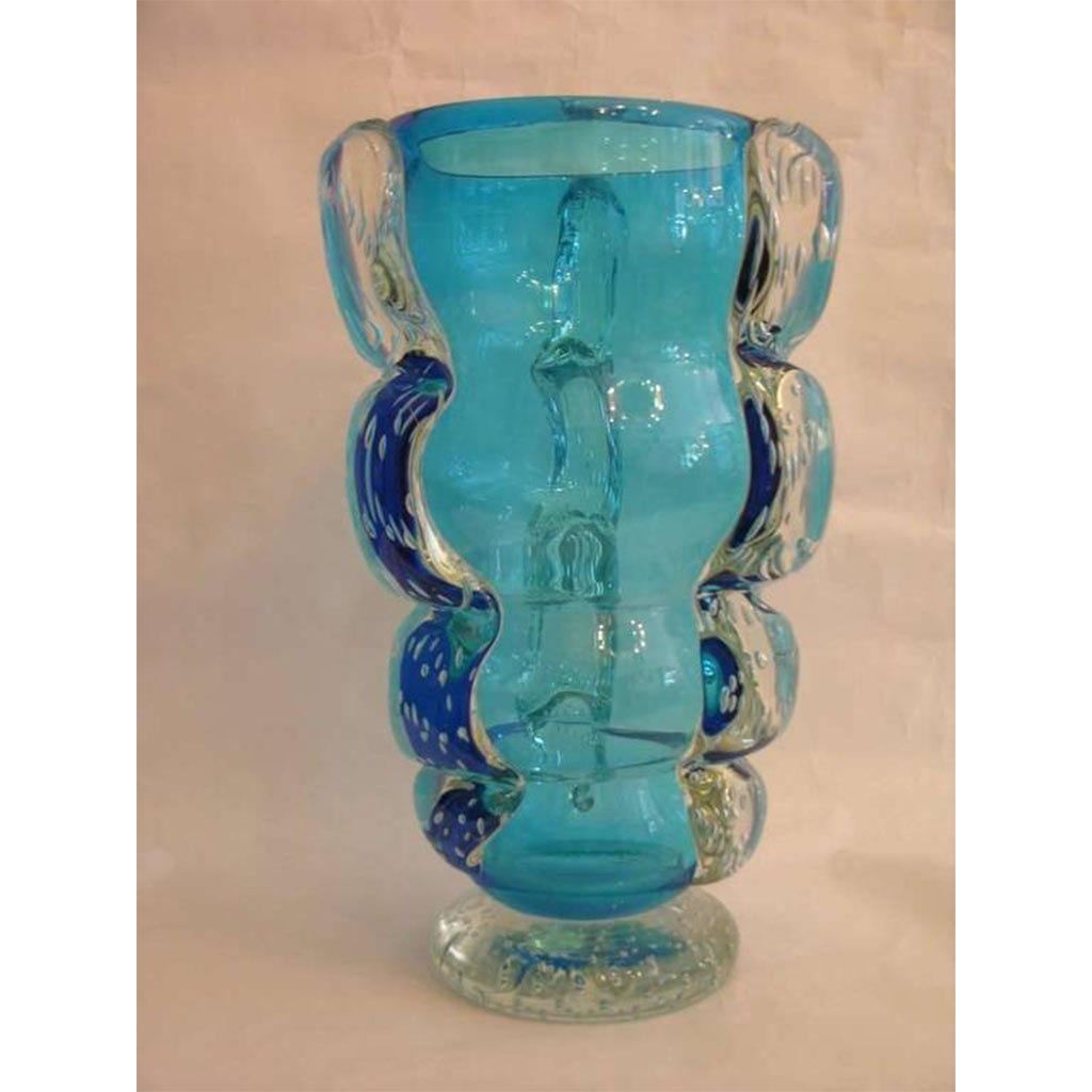 Signed Italian Vase in Aqua Blue Murano Glass