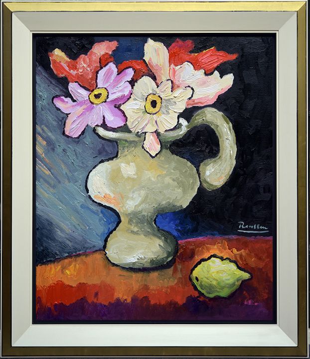 Pitcher With Flowers And Lemon On A Table