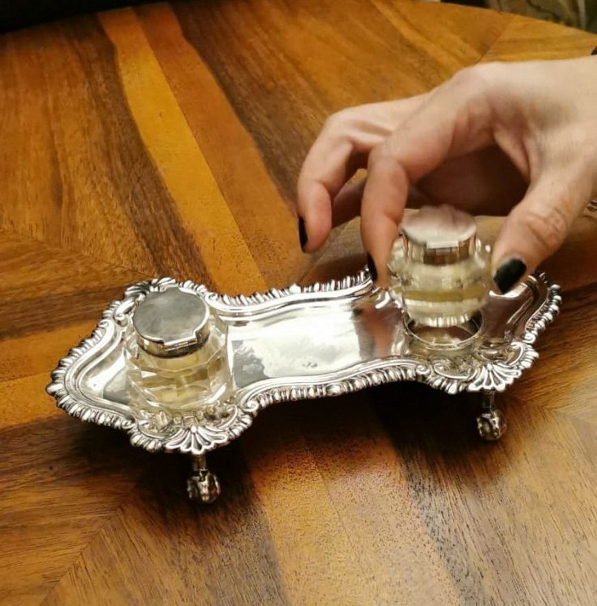 4 Pewter-Plated Inkwell Stand w/ Clear Glass Inkwell