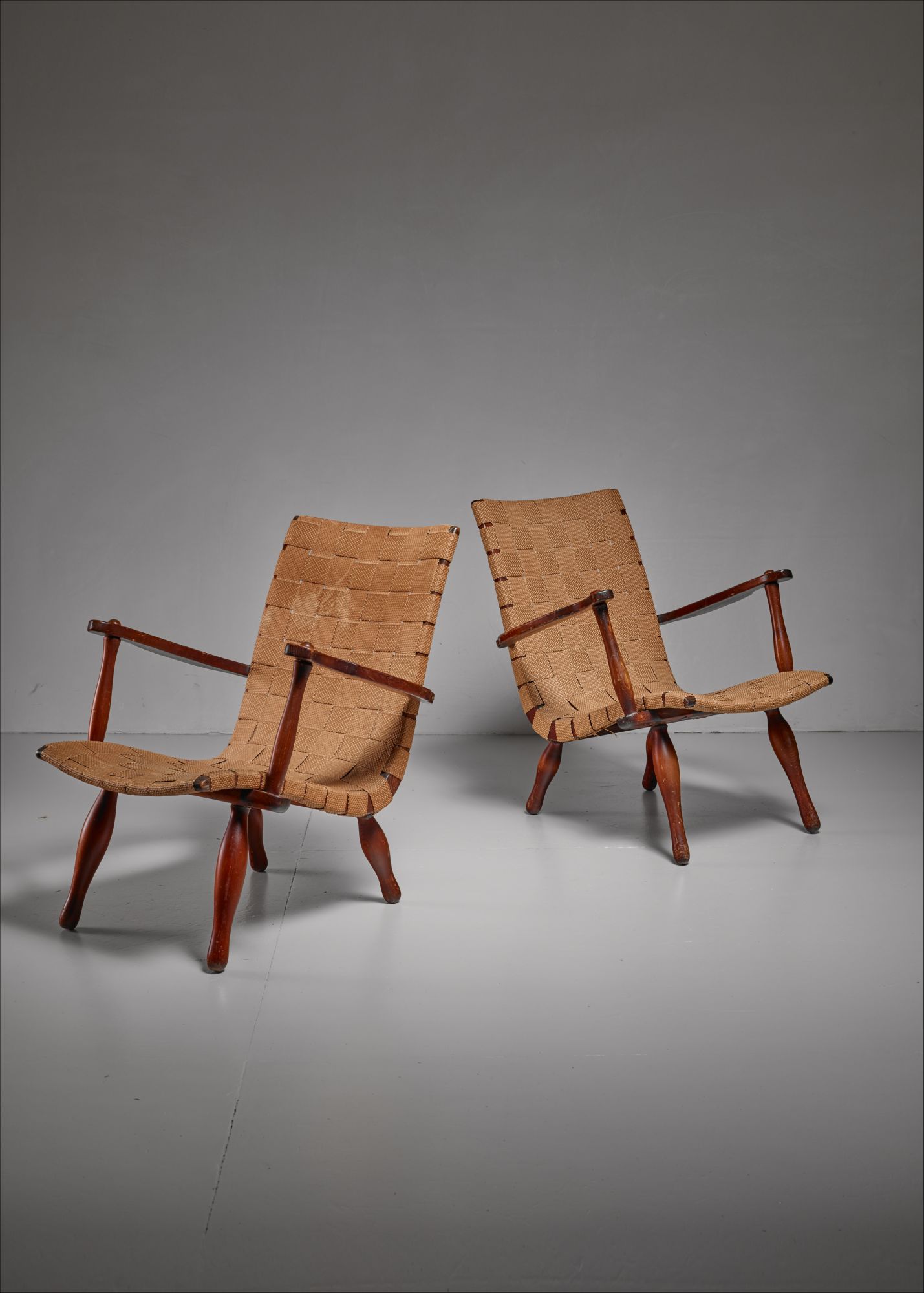 Pair Of Lounge Chairs With Webbed Seating Sweden 1940s