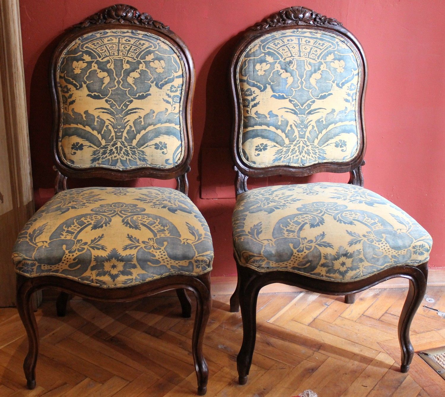 Set of Four French Rococo Revival Gilt Fortuny Upholstered Dining Side -  Ruby Lane