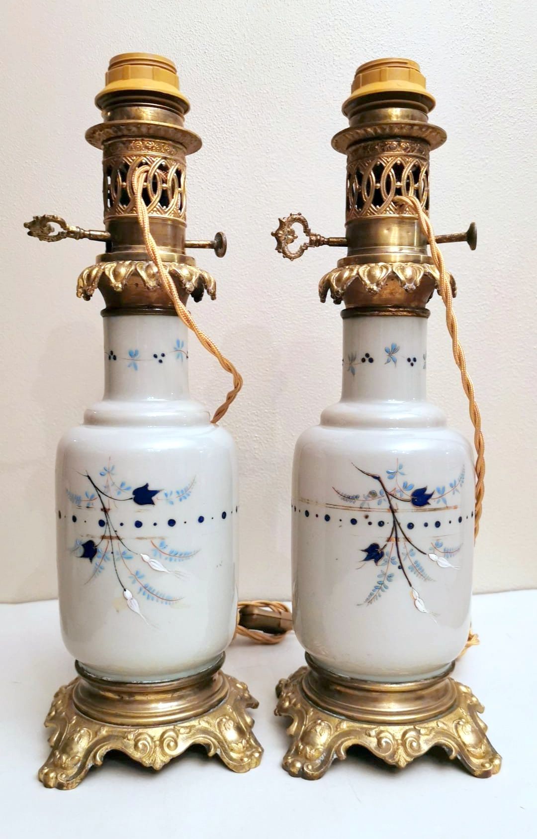 19th Century French Delft Blue and White Painted Porcelain and Brass Oil  Lamp - Country French Interiors