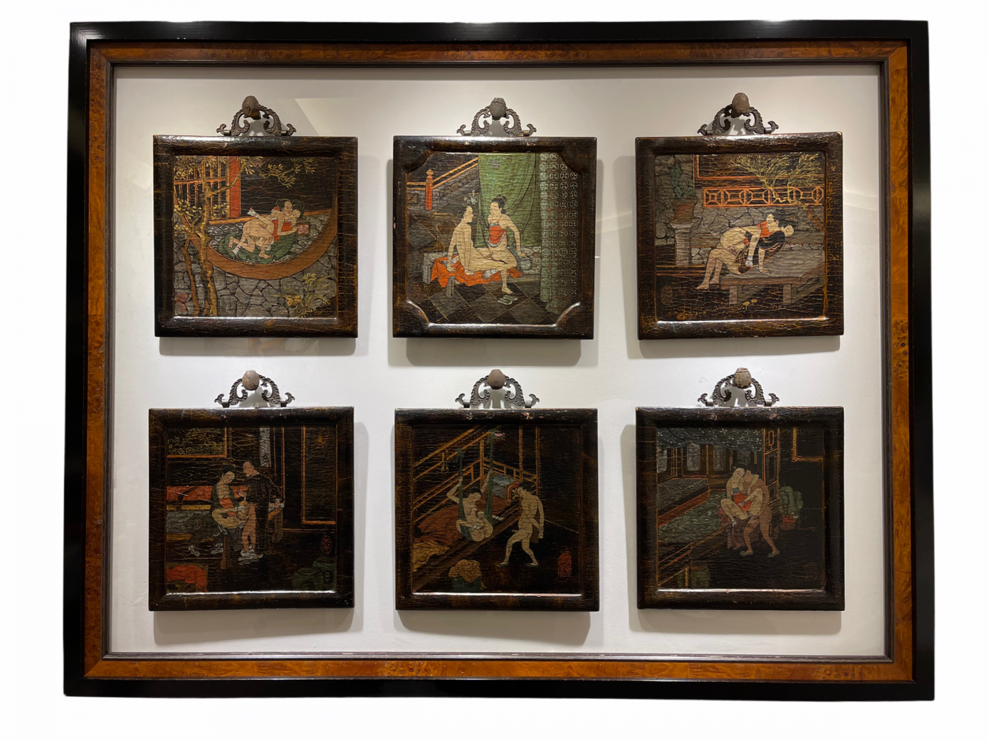1700 Art Porn - Set of Six Japanese Ido Period Shunga (Erotica) Hanging Lacquered Wood  Panels