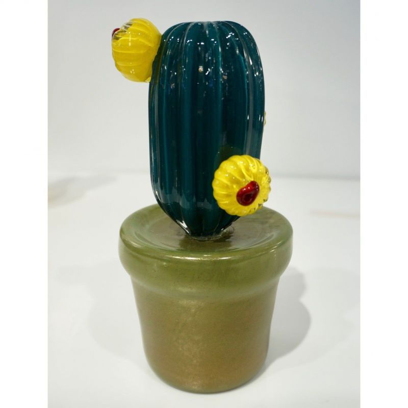 2000s Italian Teal Gold Green Murano Art Glass Cactus Plant with Yellow ...