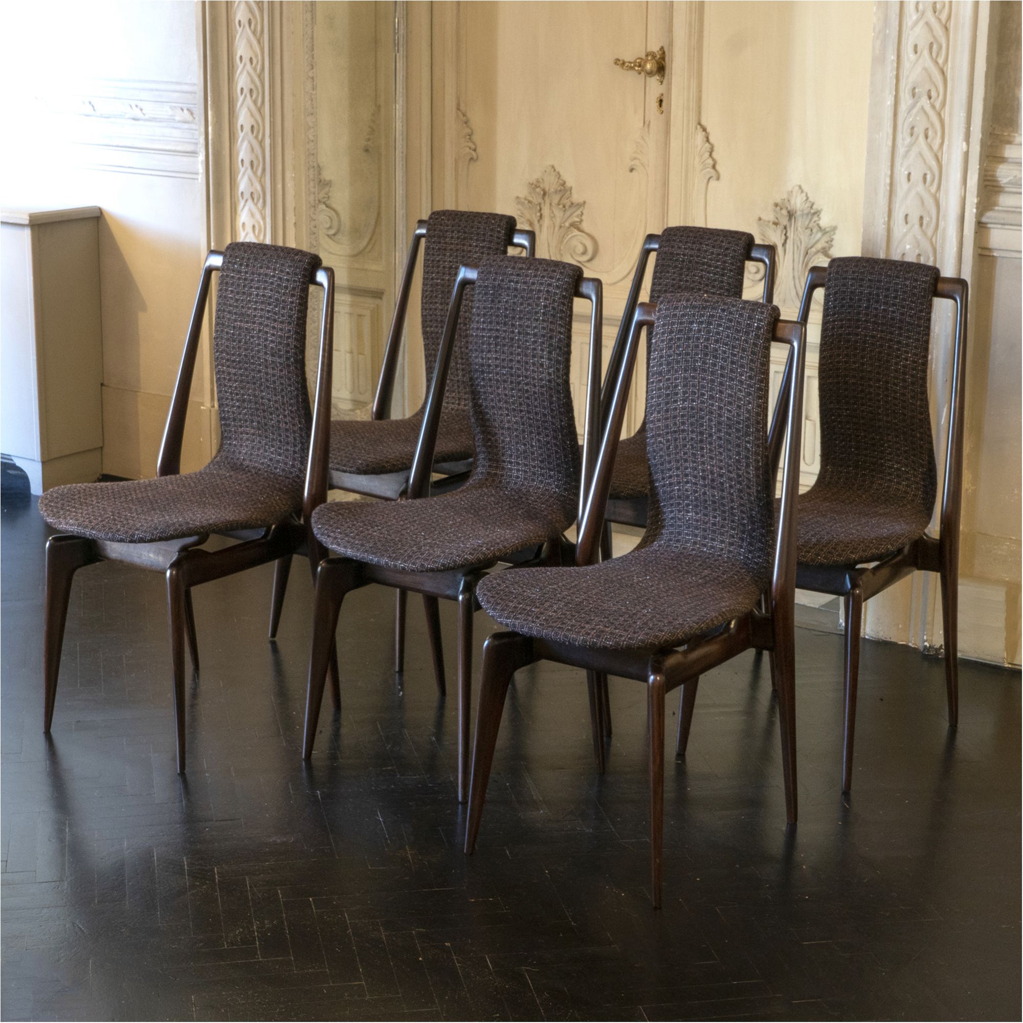 Set Of Six Mahogany Dining Chairs Black Brown Jacquard