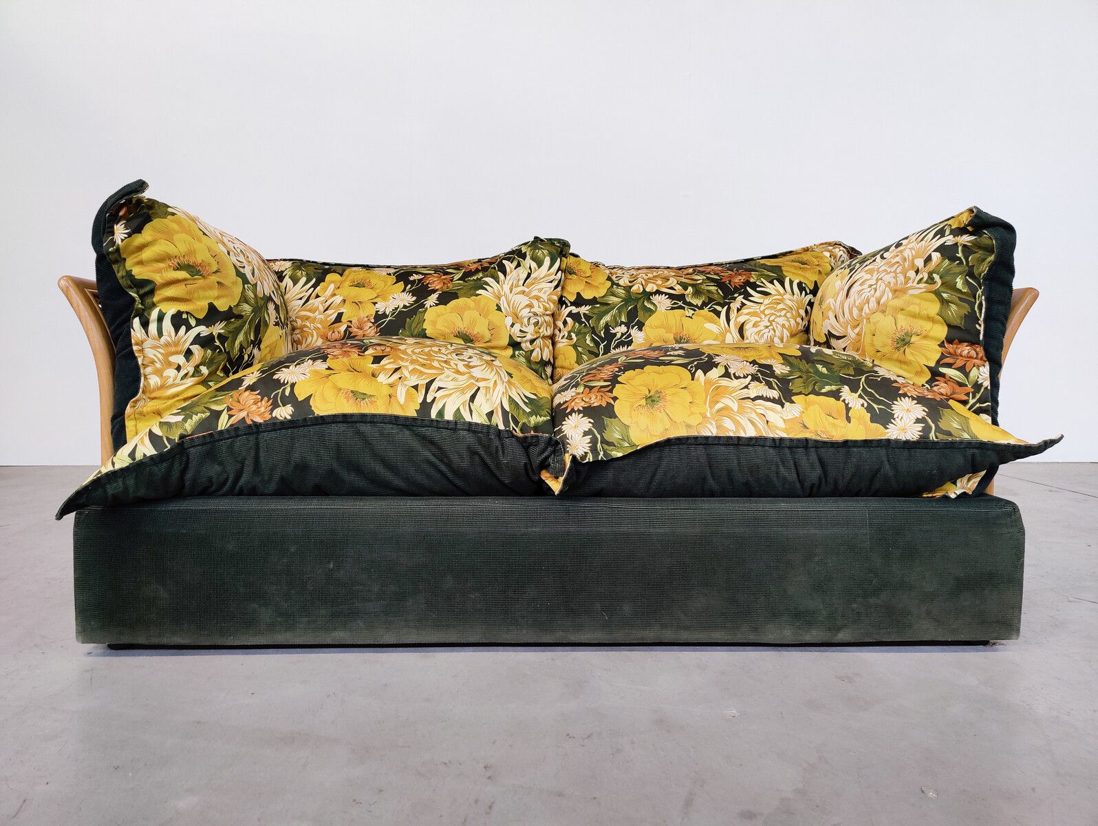 Mid Century Modern Six Cushion Sofa with Vintage Upholstery 1970s