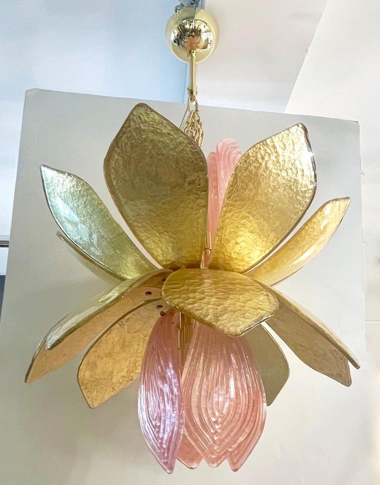 Contemporary Italian Brass Gold Leaf Murano Glass Flower