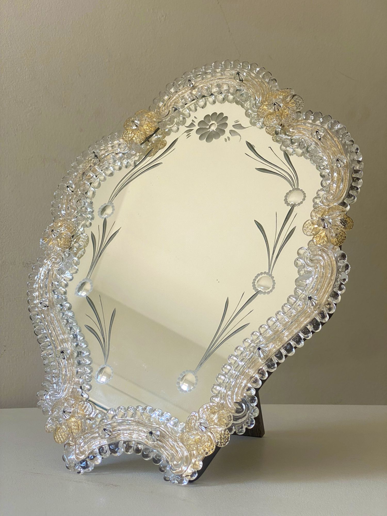 Transparent and gold Murano glass mirror frame with flowers and hand  engraved..rare artigian italian handmade