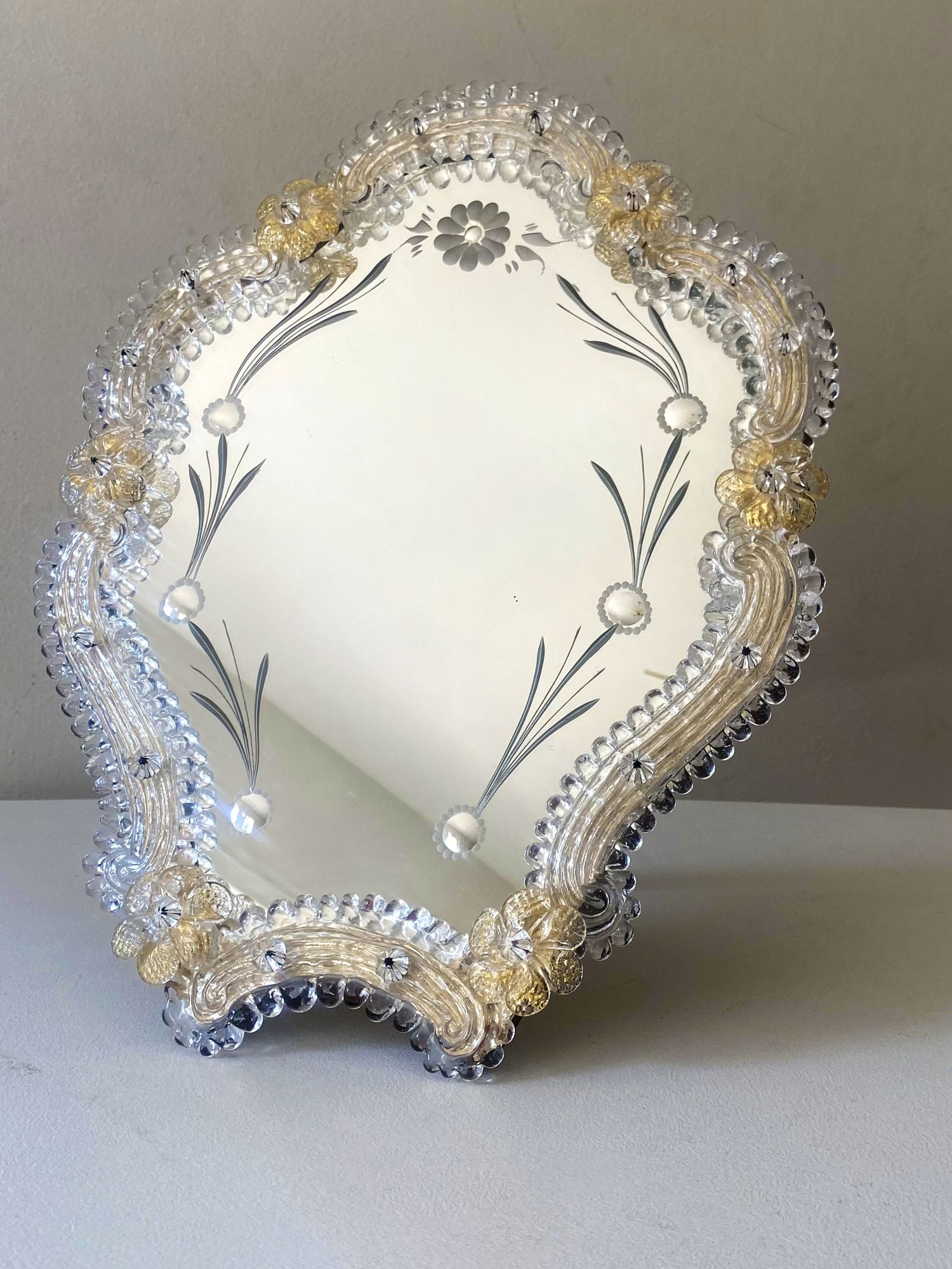 Transparent and gold Murano glass mirror frame with flowers and hand  engraved..rare artigian italian handmade