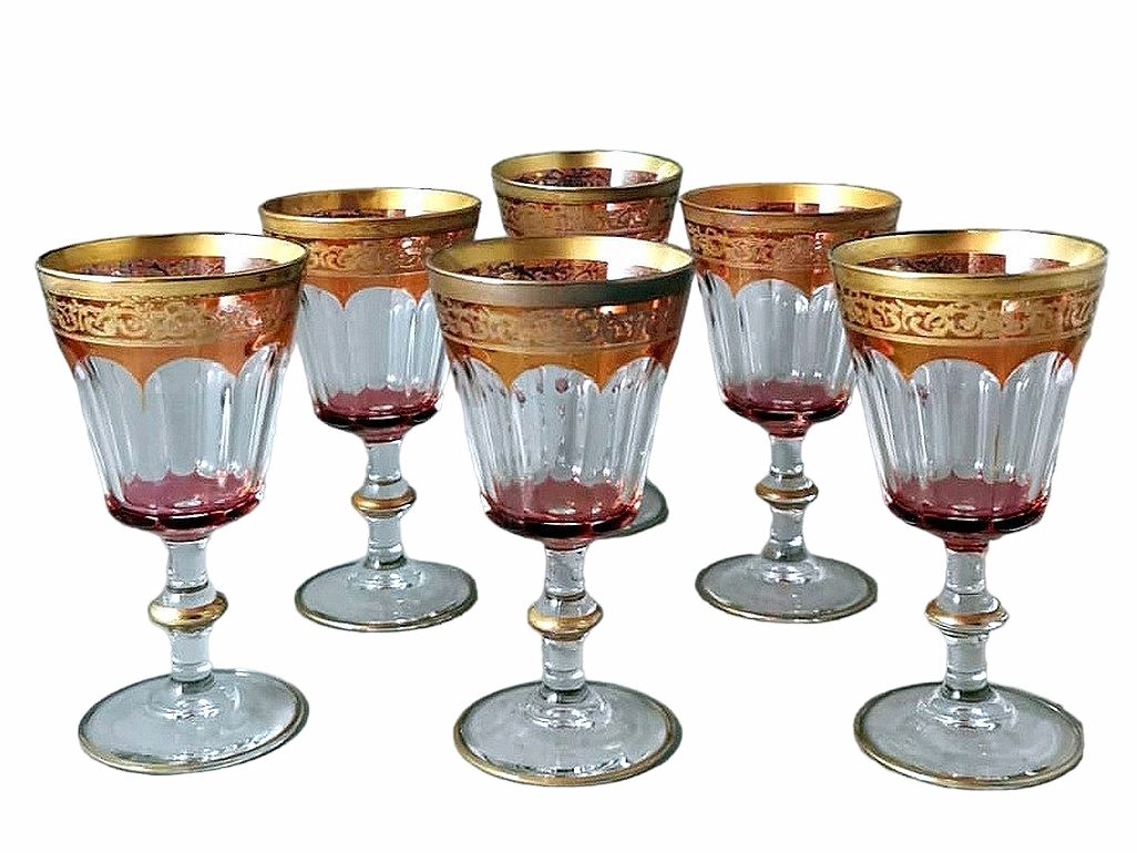 Louis XVI Style Six Blown and Colored Italian Wine Goblets Gold Rim