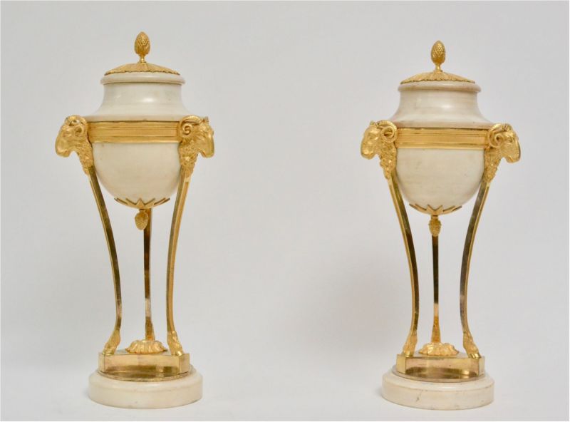 A Pair of Louis XVI Ormolu Mounted White Carrara Marble Urns