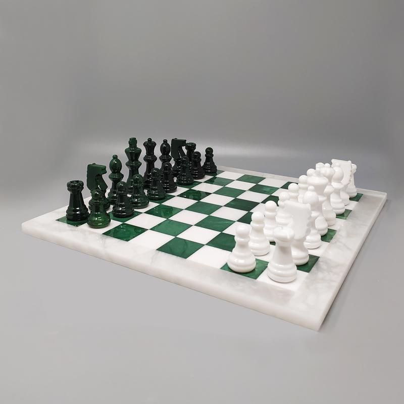 1970s Gorgeous Green and White Chess Set in Volterra Alabaster Handmade  Made in Italy