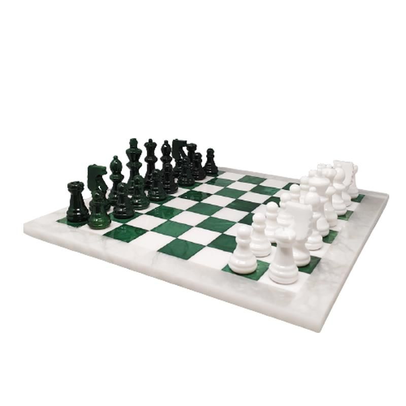 1970s Gorgeous Green and White Chess Set in Volterra Alabaster Handmade  Made in Italy