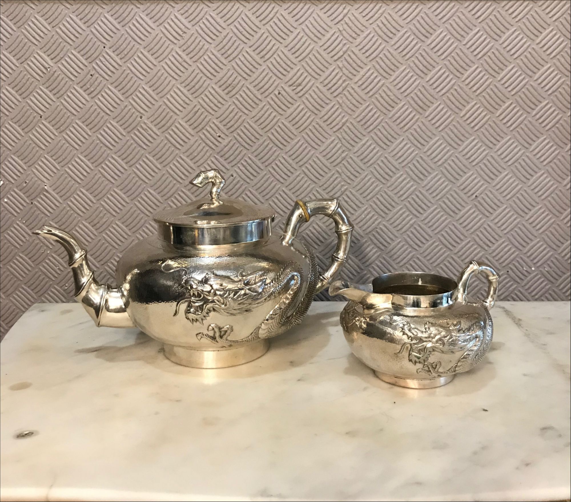 Silver Tea set with Dragons 18751920 Hong Kong
