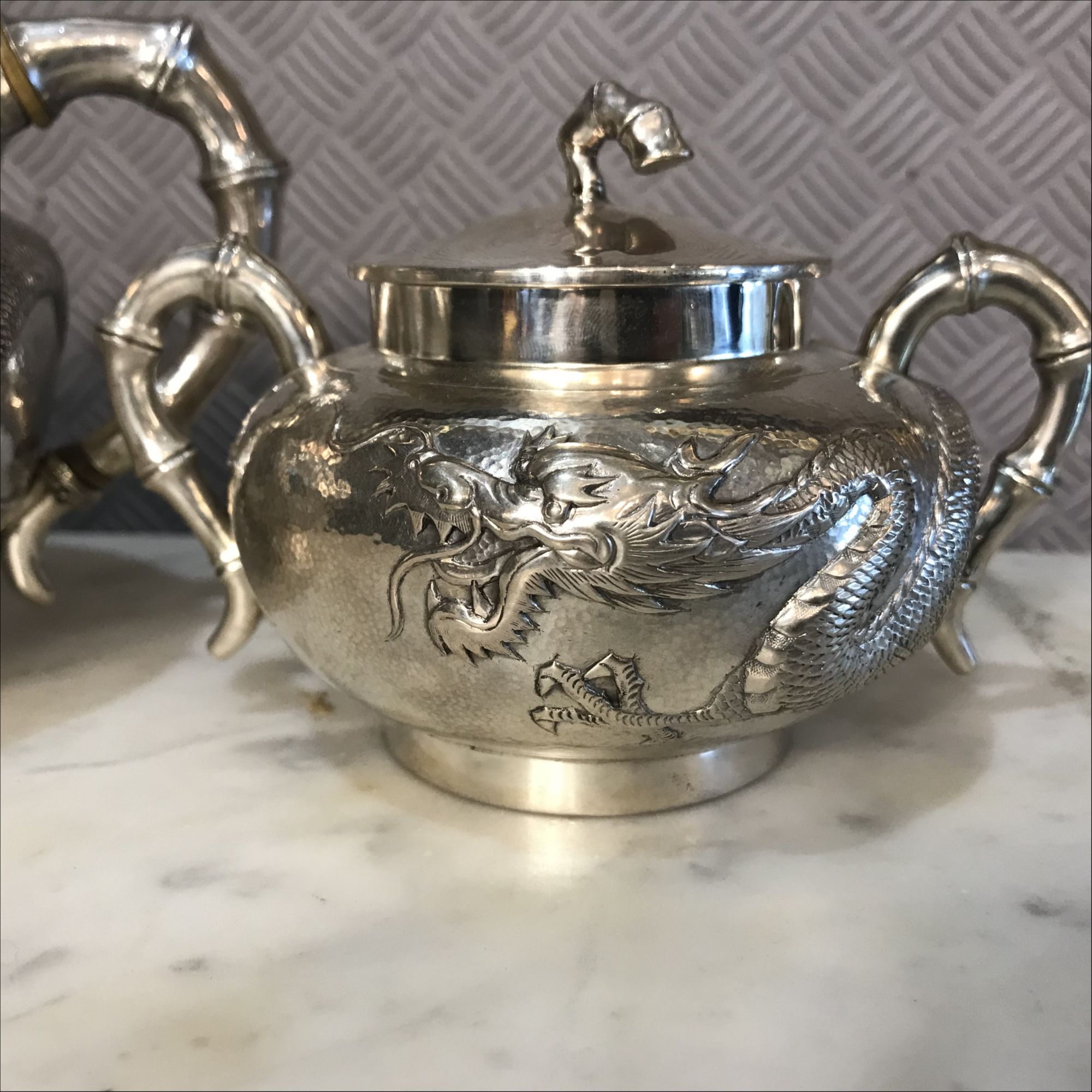 Silver Tea set with Dragons 18751920 Hong Kong