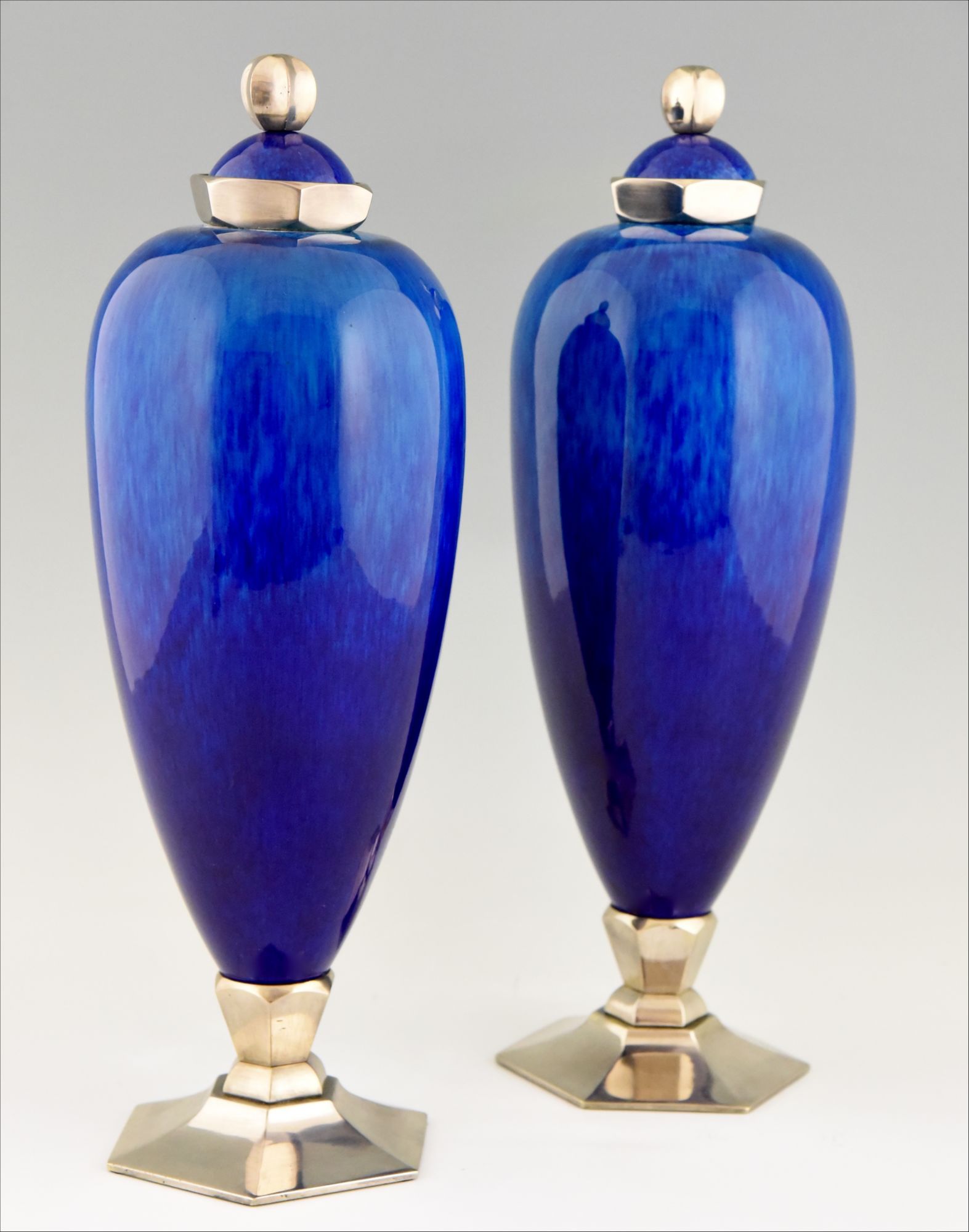 Pair Art Deco Blue Ceramic Vases Or Urns Paul Milet For Sevres 1925