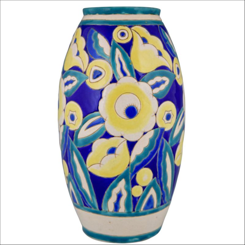 Art Deco ceramic vase with flowers Keramis, Belgium 1932