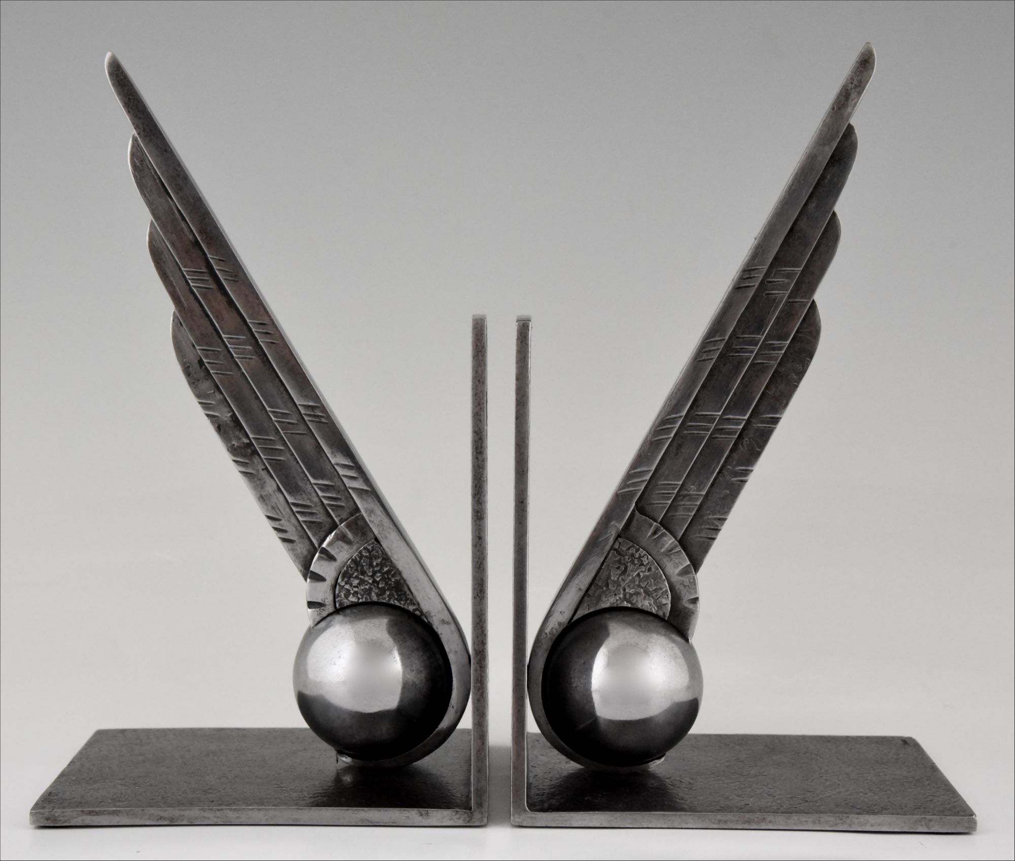 Art Deco wing and ball wrought iron bookends Edgar Brandt 1930