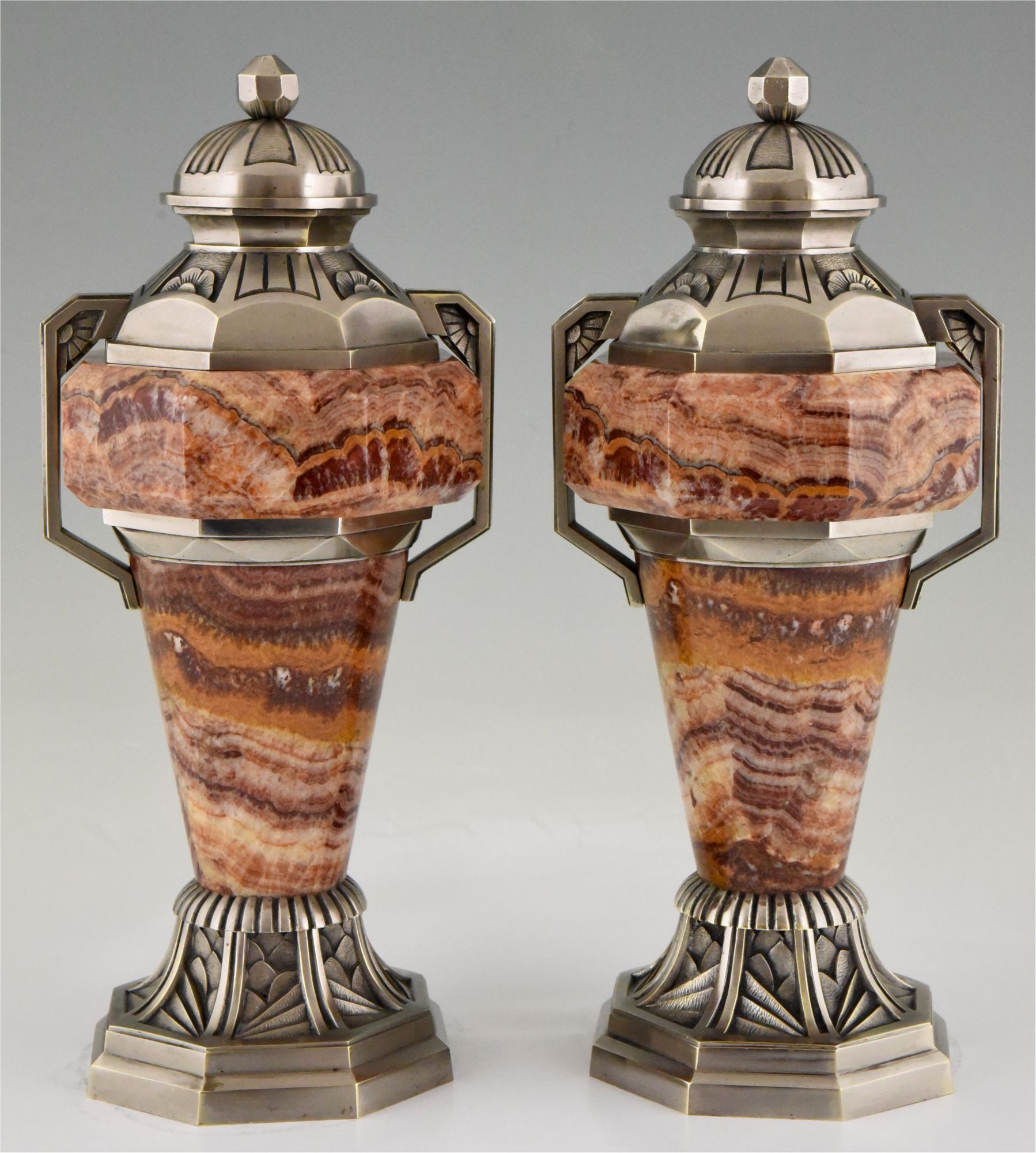 Art Deco marble and bronze urns France 1930