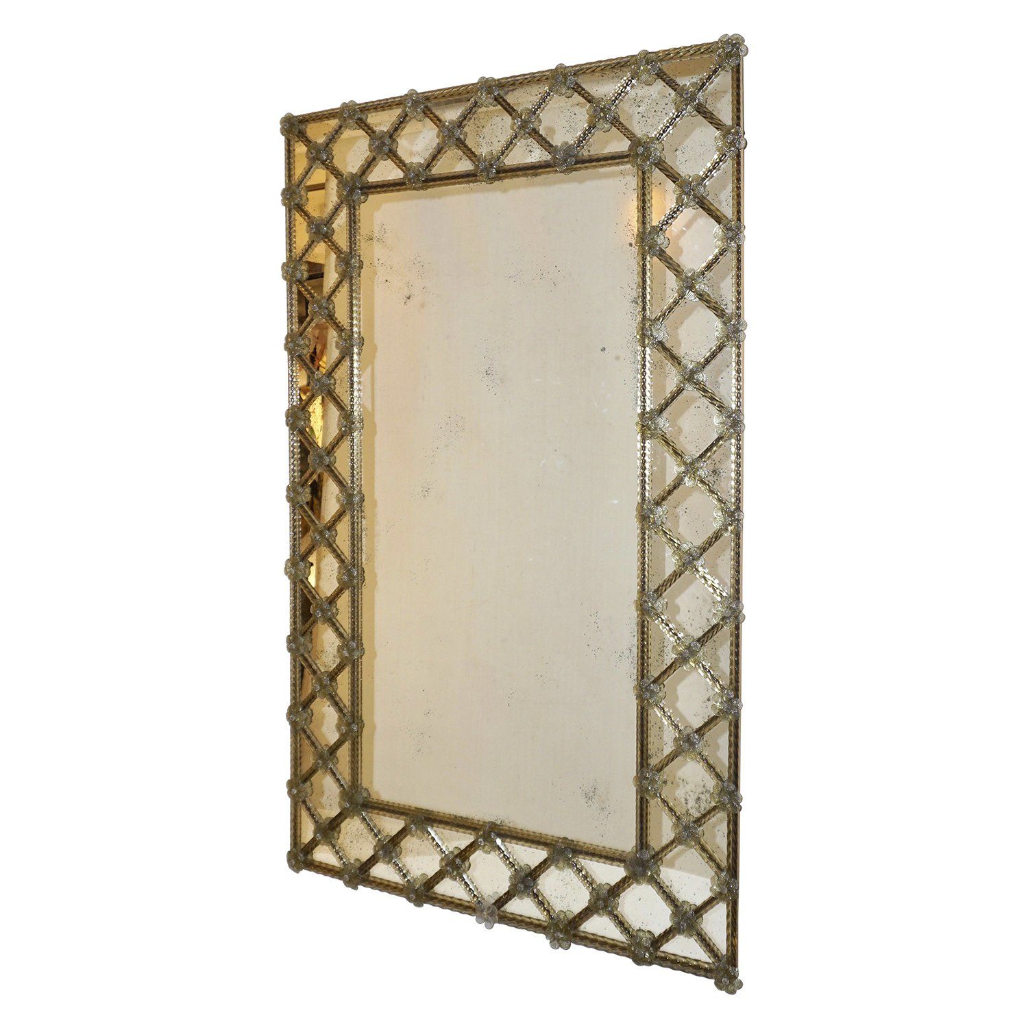1940s Italian Antique Venetian Geometric Amber Gold Murano Glass Wall Mirror