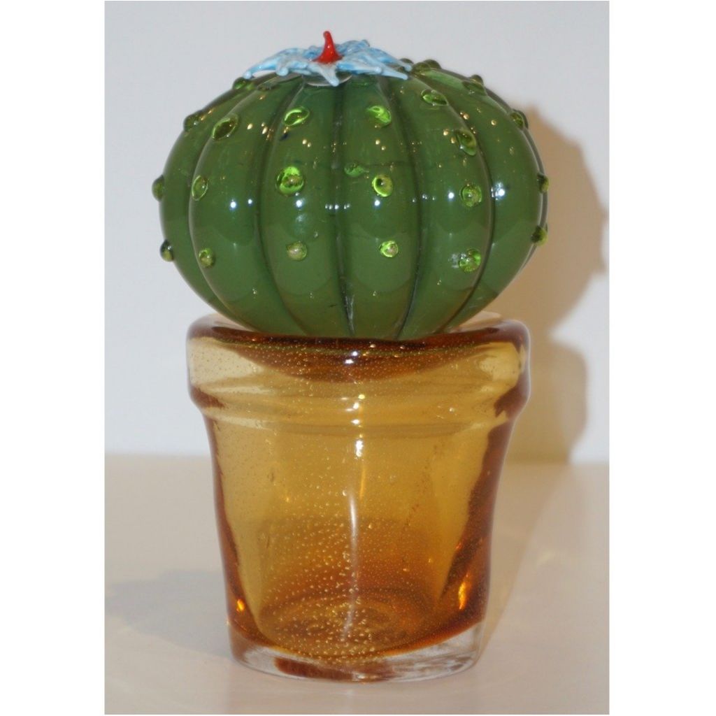 1990s Vintage Italian Green Murano Glass Small Cactus Plant with Blue ...